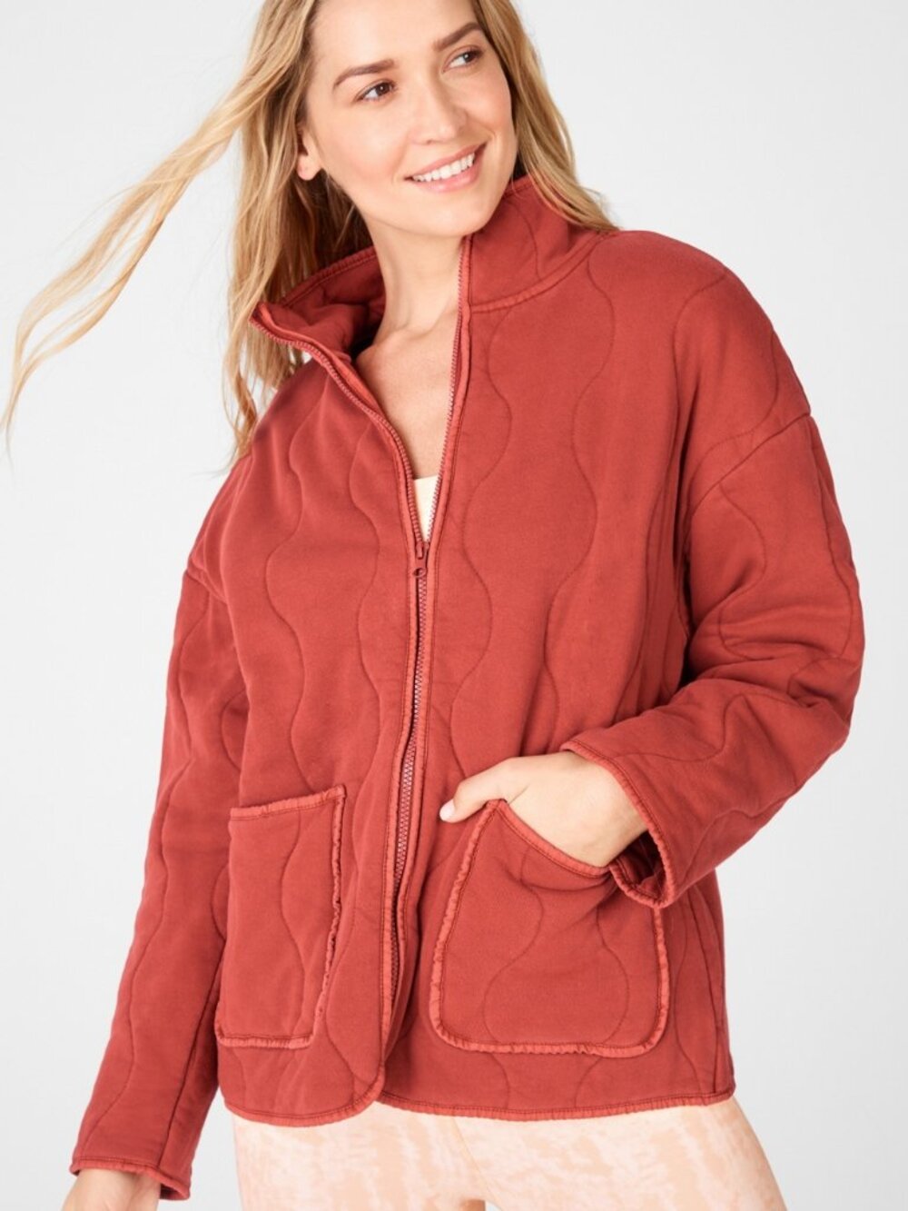 FABLETICS Tedi Quilted 100% Cotton Mandarin‎ Collar Red Rust Jacket Size L